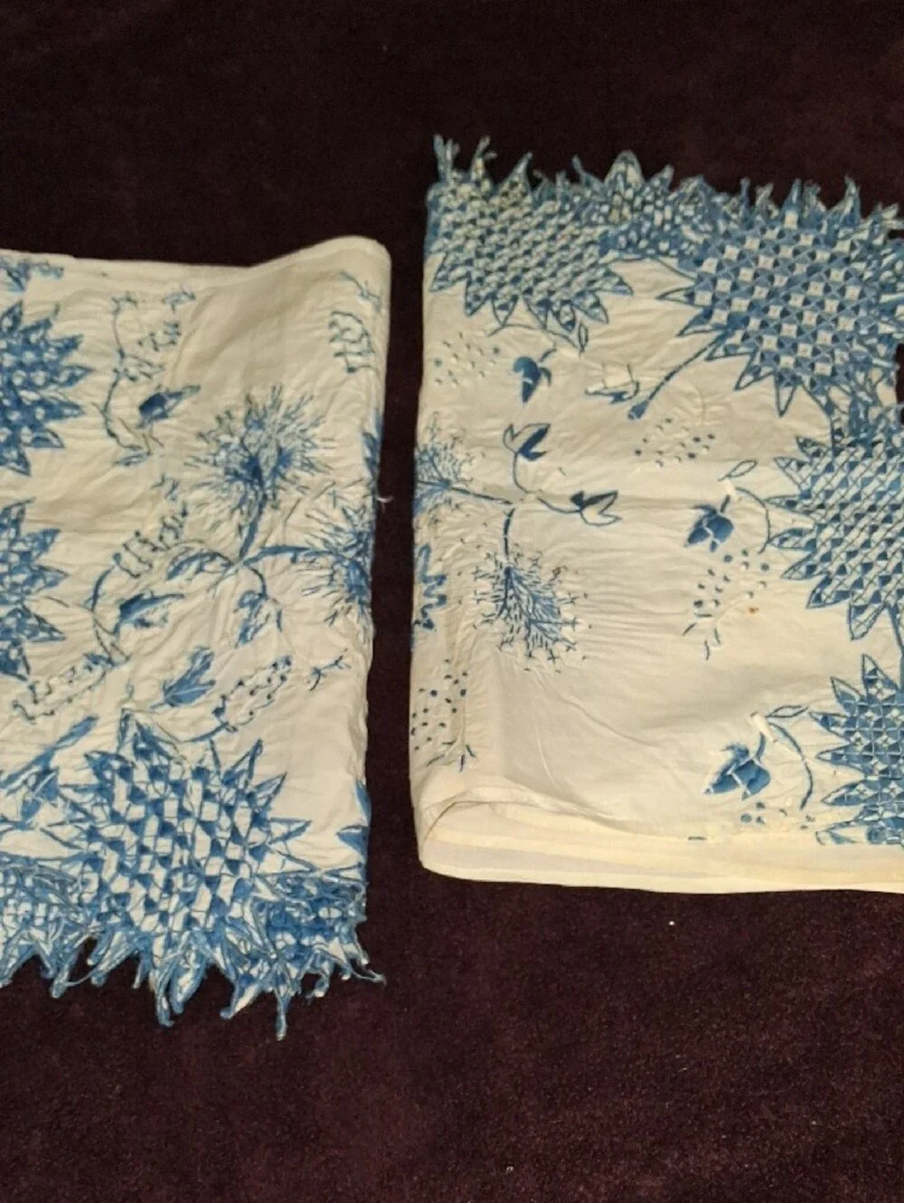 Vintage White Linen Table Runner with Blue Floral Embroidery ×2